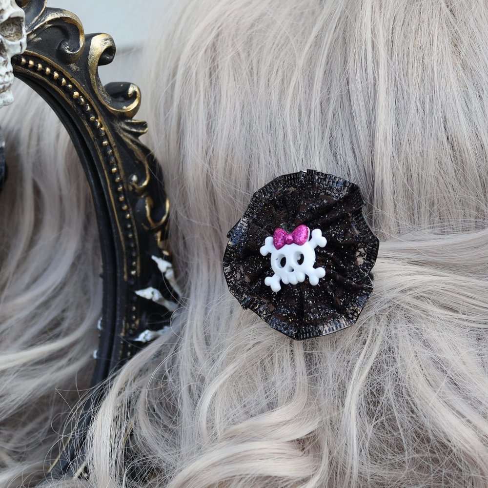 New! Halloween Black Pinwheel Poison Skull Pink Hair Clip - Hand Crafted